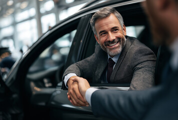 In a car showroom, a man leans out to shake hands with another person, conveying car purchase transactions and business cooperation, suitable for automotive, business, and sales - related materials.