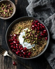 fluffy quinoa in bowl with ruby-red pomegranate seeds, crushed pistachios, and creamy natural yogurt on dark wood  background with shadow.