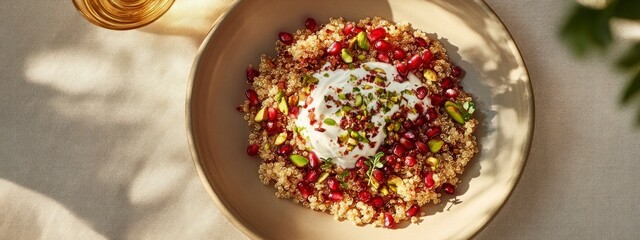 fluffy quinoa in bowl with ruby-red pomegranate seeds, crushed pistachios, and creamy natural yogurt on beige background with shadow. banner 