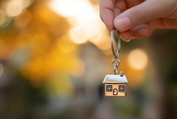 A hand holds a keychain with a small house shape, warm and full of life, suitable for real - estate, key, and life - related materials.