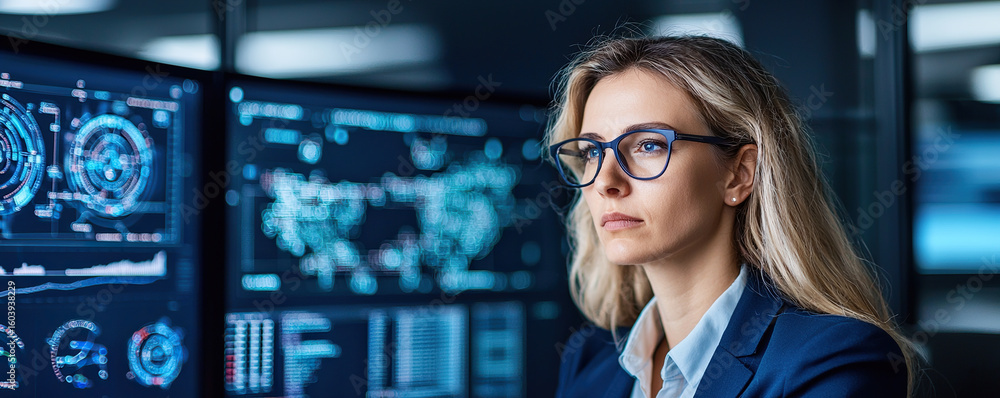 Poster focused professional analyzing real time data on multiple screens in modern workspace, showcasing ad