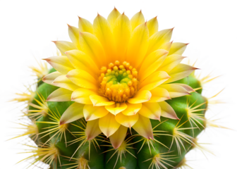Bright yellow cactus flower in full bloom with intricate petals on a transparent background