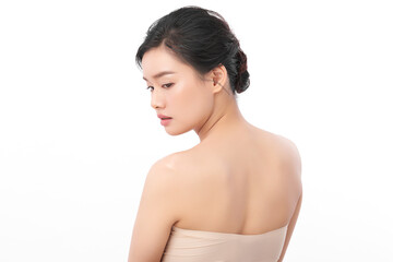 Beautiful young asian woman back view with clean fresh skin on white background, Face care, Facial...