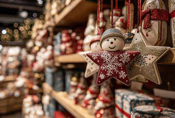 A Christmas decoration shelf with snowman and star ornaments, rich in festive atmosphere, suitable for Christmas, festival, and decoration - related materials.