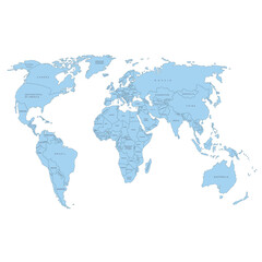 Fototapeta premium World map. Blue political map of the world cut out of paper on white background. Countries. Vector