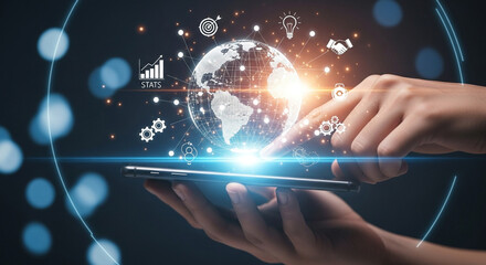 Global business and technology concept. A person uses a mobile device to interact with a digital world, showcasing connectivity and innovation. Perfect for illustrating global reach.