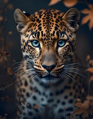 Obraz premium Close-Up Leopard Portrait with Blue Eyes in Autumn Foliage