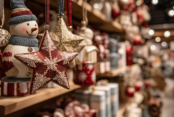 A Christmas decoration shelf with snowman and star ornaments, rich in festive atmosphere, suitable for Christmas, festival, and decoration - related materials.