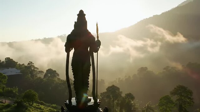Lord Murugan statue standing on a hill surrounded by thin morning mist, sun rising slowly behind him, serene mountain natural background