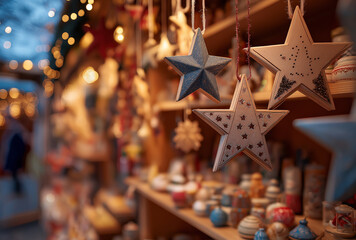 In the Christmas decoration area, various star ornaments are abundant, with a warm and romantic atmosphere, suitable for Christmas, festival, and decoration - related materials.