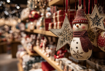 A Christmas decoration shelf with snowman and star ornaments, rich in festive atmosphere, suitable for Christmas, festival, and decoration - related materials.