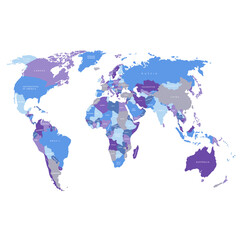 World map. Blue political map of the world cut out of paper on white background. Countries. Vector