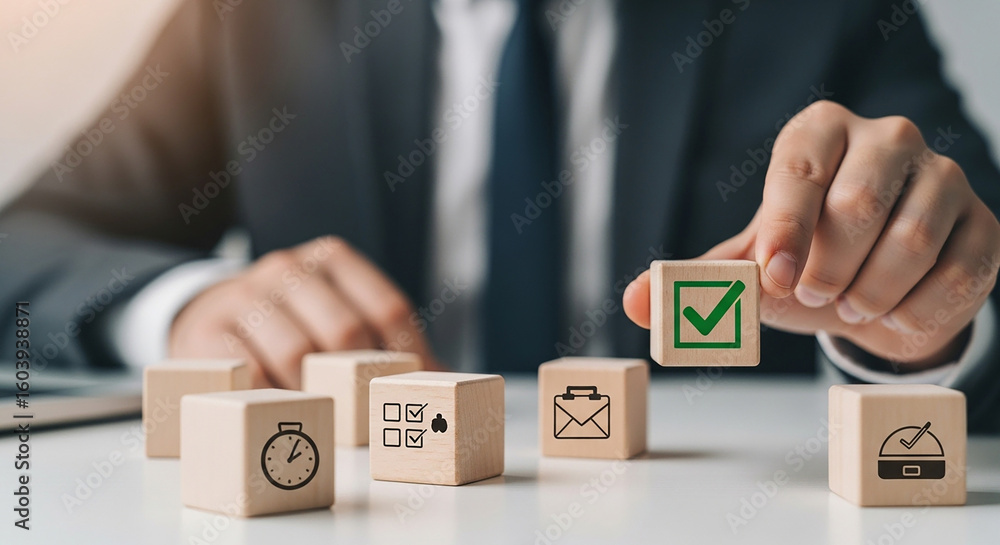 Poster businessman placing cube with approval icon in row representing business decision project completion