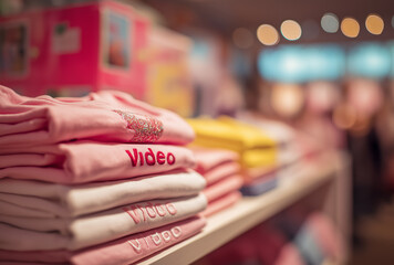 Neatly stacked children's clothes in pink, yellow, etc. on the shelf, with soft colors, suitable for children's clothing, mother - and - baby, and retail - related materials.
