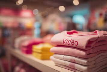Neatly stacked children's clothes in pink, yellow, etc. on the shelf, with soft colors, suitable for children's clothing, mother - and - baby, and retail - related materials.