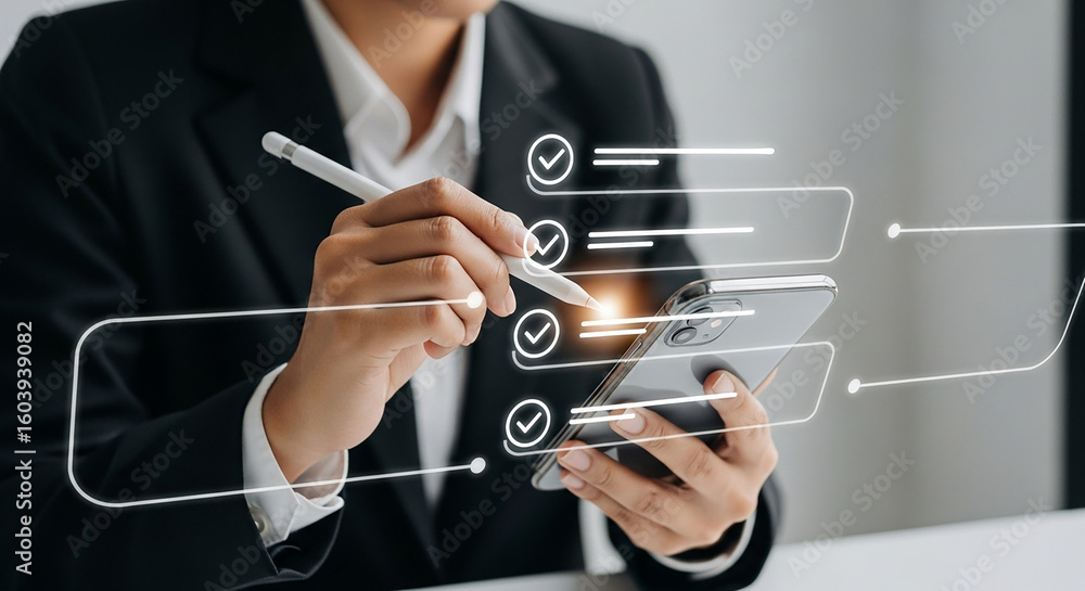 Poster businessman writing digital checklist on transparent interface representing planning goal setting ta