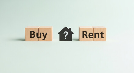 Wooden blocks showing buy rent with question mark representing decision making dilemma for home ownership real estate or property investment
