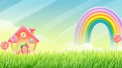 Fototapeta premium Candy house in grassy field rainbow sky lollipops