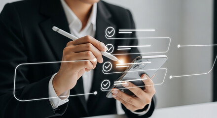 Businessman writing digital checklist on transparent interface representing planning goal setting task tracking and productivity management
