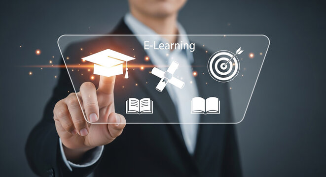 Businessman holding glowing graduation cap with education icons representing digital learning knowledge development and online training
