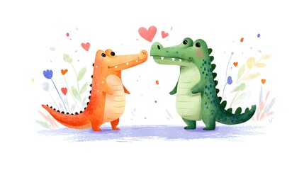 Obraz premium Endearing Illustrated Mascot Design of a Crocodile and Alligator with Heart Motifs and Love Symbols on a Pristine White Background