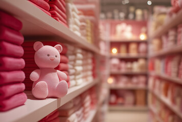 On a pink - and - white shelf, there's a pink teddy bear doll, cute and warm, suitable for mother - and - baby, children's clothing, and cute - style materials.