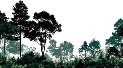 Artistic Forest Silhouette with Distinct Trees and Bush Formations in a Refined Vector Style on a Transparent Background