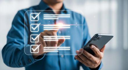 Businessman reviewing glowing checklist on futuristic digital screen representing smart planning system and task performance verification
