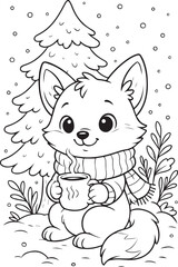 Cute baby cat holding hot coffee cup with smile sitting in garden silhouette vector and coloring page outline