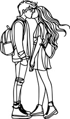 Young couple kissing while holding backpacks in casual attire, teenager's first kiss