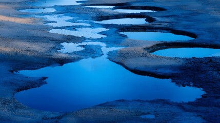 Elegant Landscape with Discrete Water Puddles Reflecting a Vibrant Spectrum of Blue Tones