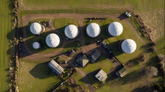 Aerial top view of an anaerobic digestion plant and farm buildings, a complex for biogas production on a green field. Industrial concept.
