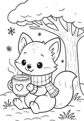 Cute cat holding a hot coffee cup while sitting in garden calmly silhouette vector and coloring page outline
