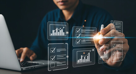 Businessman analyzing financial chart and metrics on virtual screen representing performance growth strategy and data driven business goals
