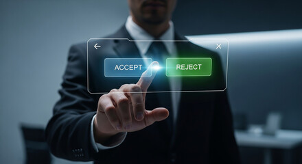 Businessman pressing accept and reject buttons on virtual screen representing digital decision making approval and choice selection process

