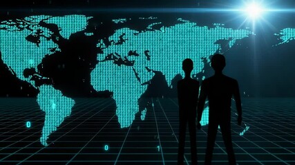 A glowing blue digital world map composed of binary code illuminates a dark grid with a bright light flare in the upper right corner, symbolizing global connectivity and data - Powered by Adobe