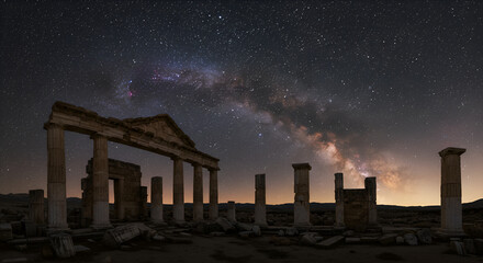 Fototapeta premium Ancient ruins under a starry night sky