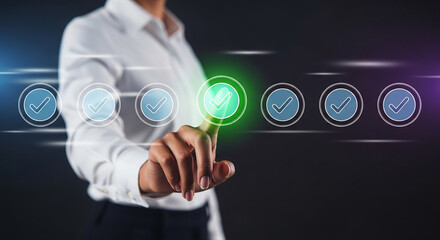 Businessman interacting with virtual smiley icon for positive feedback showing customer satisfaction rating and service experience evaluation
