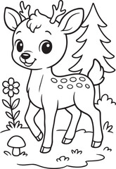 Cute baby deer standing quietly in a forest surrounded by trees silhouette vector and coloring page outline