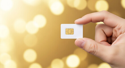 Hand holding sim card on golden bokeh background representing digital identity mobile communication network connectivity and telecom services
