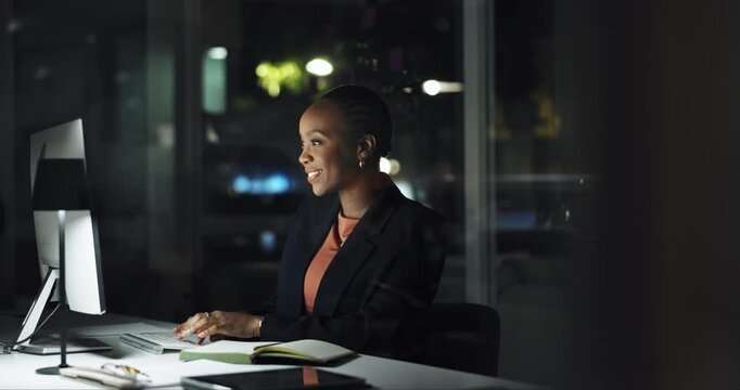 Computer, night or black woman typing for trading on stock market or cryptocurrency in late shift. Business, financial trader or analyst in overtime for economic price, investment growth or finance - Powered by Adobe