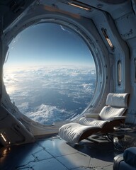  space station cabin with ergonomic chair for relax and large panoramic window with view of Earth. futuristic architecture and scientific atmosphere.