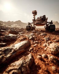 Mars rover drive across a rocky Martian plain with jagged boulders and red dust