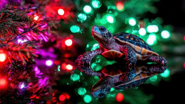 A turtle with a blue head and red shell sits on a reflective surface, surrounded by colorful Christmas lights.