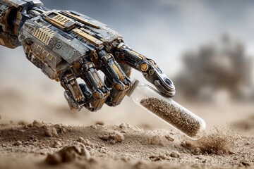  robotic arm delicately collecting a soil sample into a transparent container on a dusty extraterrestrial surface.