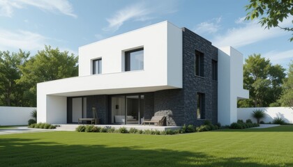 Fototapeta premium Modern and minimalist facade of cubical house