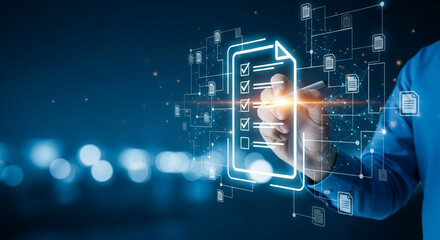 Digital checklist concept with a hand marking boxes. Illustrates process management, task completion, and business efficiency. Great for demonstrating productivity solutions.