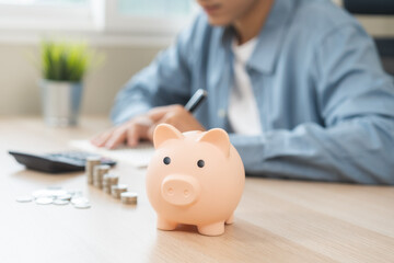 Saving money wealth concept, asian young  business man hand write management budget for saving...