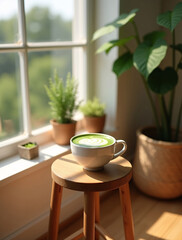 Fototapeta premium Soft light filters through window onto matcha latte and woven decor, evoking serene minimalist home with earthy tones and slow-living aesthetics. High-resolution natural lifestyle