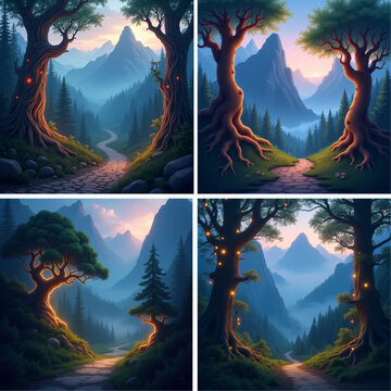 Dreamy mountain landscape with glowing trees